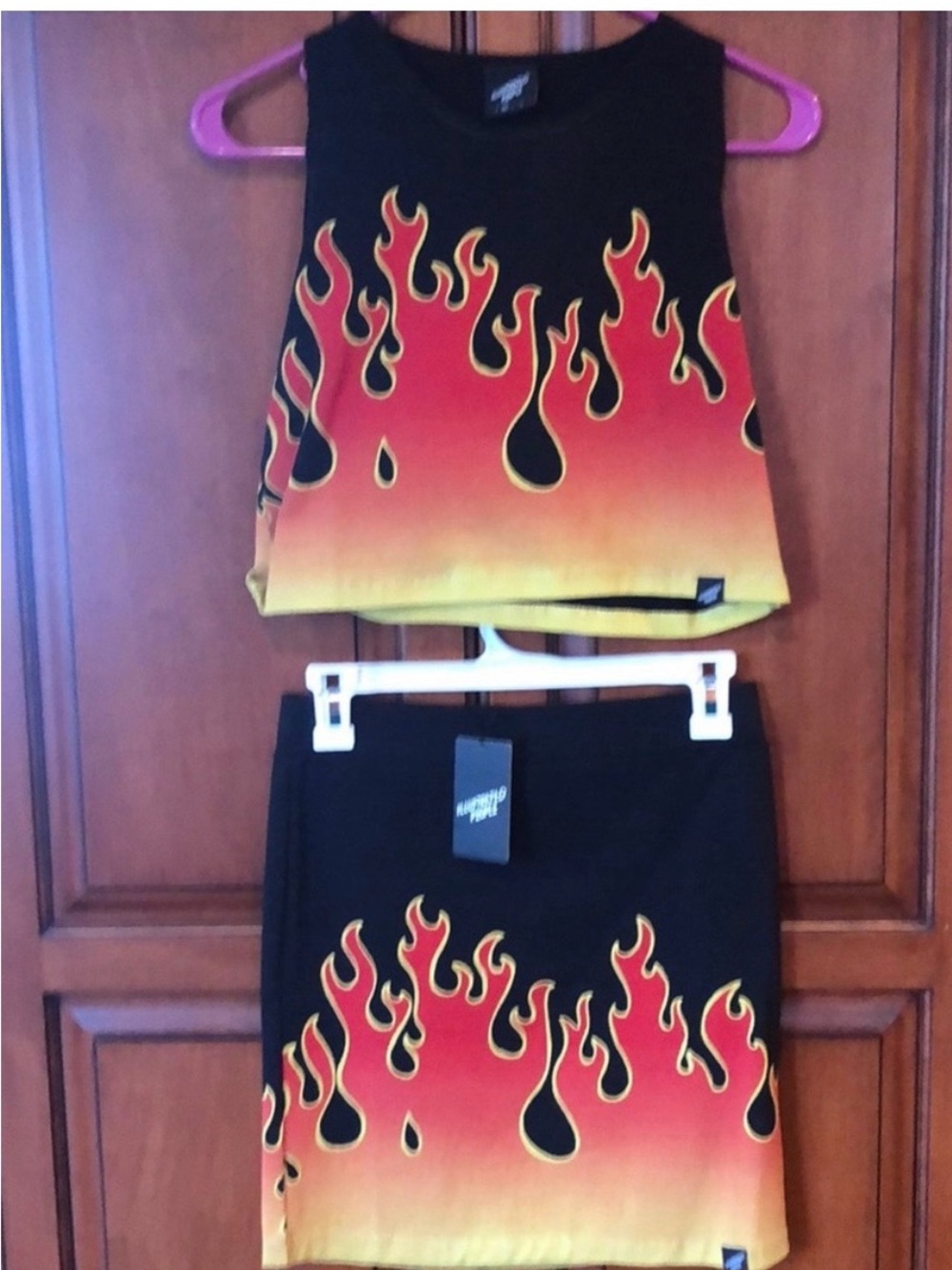 Illustrated People Top & Skirt Set - Black with Red/Yellow Flame Print
